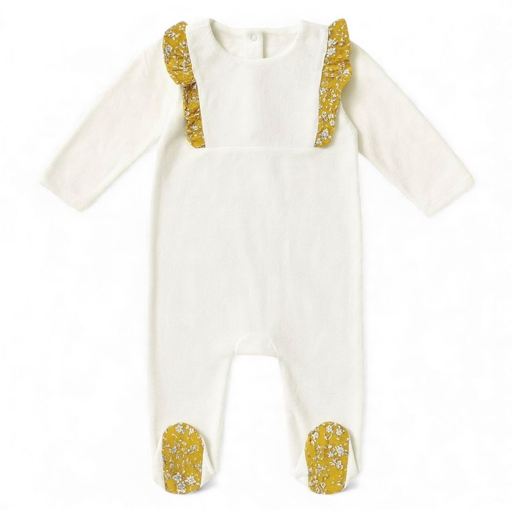 Jacadi Velvet Footie Pajama 6M Ivory Floral Trim Classic Parisian Classic
